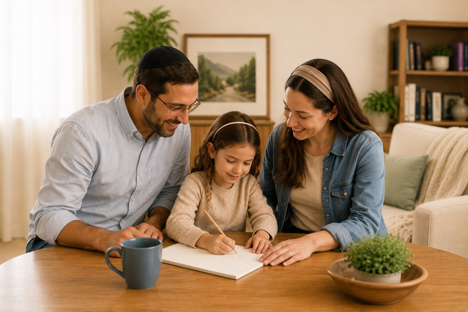 Family members sitting together and talking in a bright living room